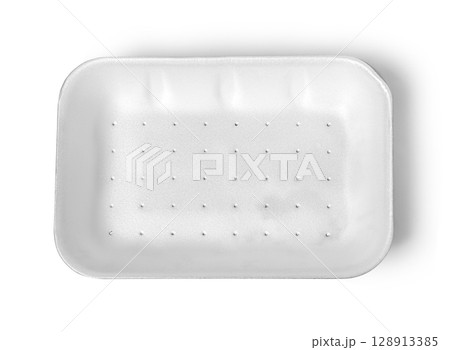 Empty white styrofoam food tray isolated on white background Empty white styrofoam food tray isolated on white background 128913385