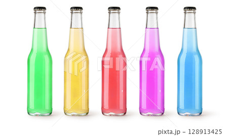Five colorful glass bottles of soda pop with black caps on white background Five colorful glass bottles of soda pop with black caps on white background 128913425