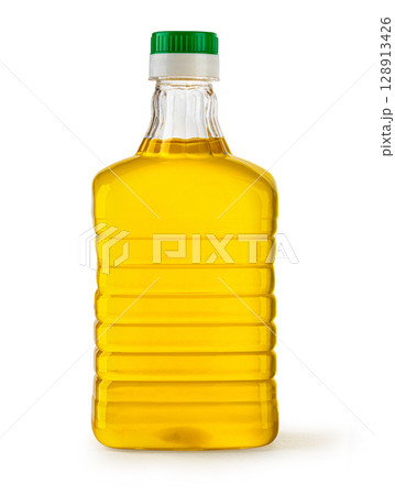 Plastic bottle full of vegetable oil, isolated on a white background Plastic bottle full of vegetable oil, isolated on a white background 128913426