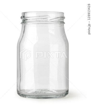 Empty glass jar with a wide mouth opening, standing on white background 128913428