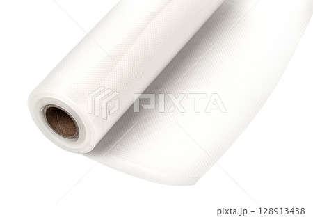 Roll of vacuum sealer bags embossed for food preservation on white background 128913438