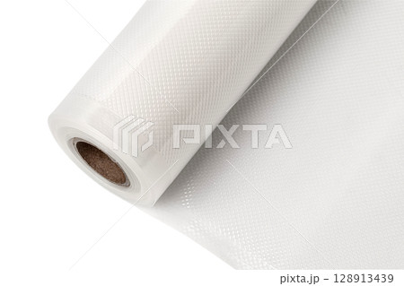 Roll of vacuum sealer bags embossed for food preservation on white background 128913439