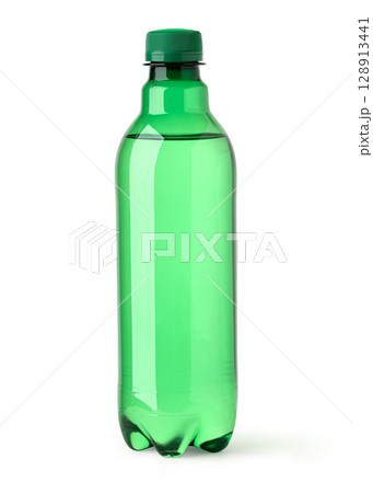 Green plastic bottle containing refreshing drink on white background 128913441