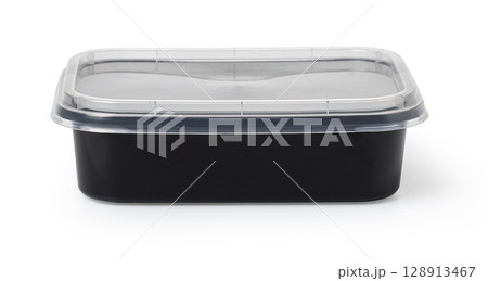 Black plastic food container with transparent lid on white background Black plastic food container with transparent lid on white background 128913467