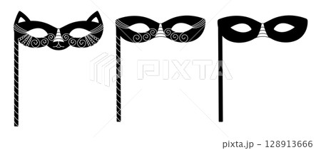Black masquerade masks with sticks, black and white vector illustration set Black masquerade masks with sticks, black and white vector illustration set 128913666