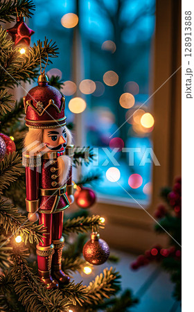 Cozy home atmosphere for the Christmas holidays. A decorated Christmas tree with red balls, garlands and a tall nutcracker is beautifully reflected in the window glass. Cozy home atmosphere for the Christmas holidays. A decorated Christmas tree with red balls, garlands and a tall nutcracker is beautifully reflected in the window glass. 128913888