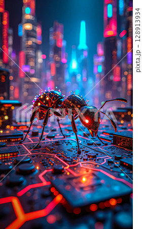 Robotic ants of the future. The large robot ant is depicted against a futuristic cityscape, adorned with neon accents of red and blue. 128913934