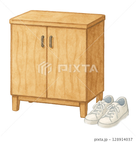 木製の靴箱とスニーカーの水彩イラスト（切り抜き素材） 128914037