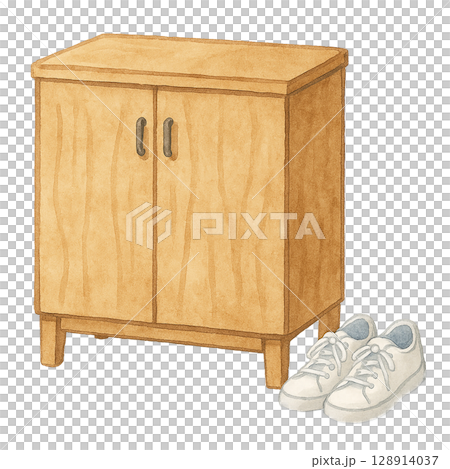 木製の靴箱とスニーカーの水彩イラスト（切り抜き素材） 128914037