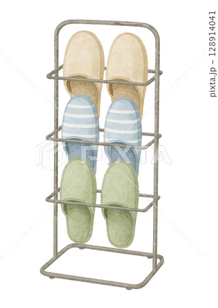 スリッパラックとスリッパの水彩イラスト（切り抜き素材） 128914041