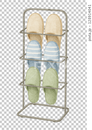 スリッパラックとスリッパの水彩イラスト（切り抜き素材） 128914041