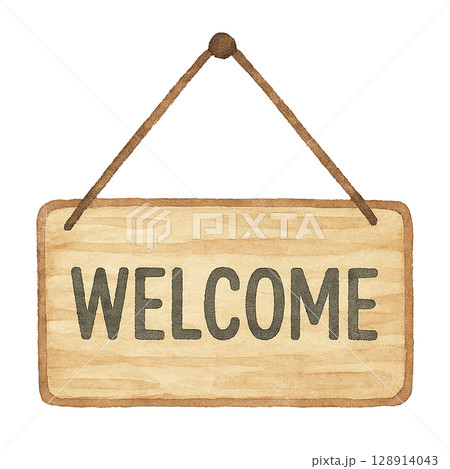 Welcomeと書かれたドアサインプレートの水彩イラスト(切り抜き素材) Welcomeと書かれたドアサインプレートの水彩イラスト(切り抜き素材) 128914043