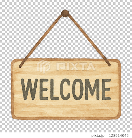 Welcomeと書かれたドアサインプレートの水彩イラスト(切り抜き素材) Welcomeと書かれたドアサインプレートの水彩イラスト(切り抜き素材) 128914043