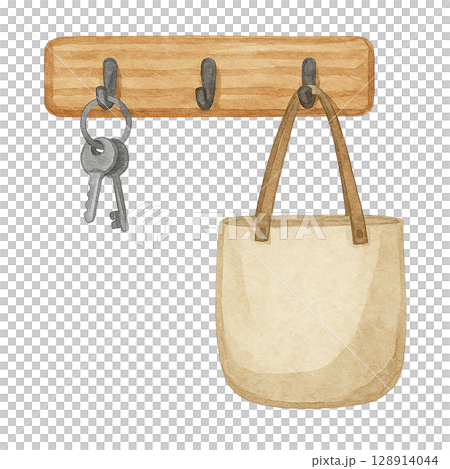 牆上掛著鑰匙和包包的掛鉤的水彩插圖(剪切素材) 牆上掛著鑰匙和包包的掛鉤的水彩插圖(剪切素材) 128914044
