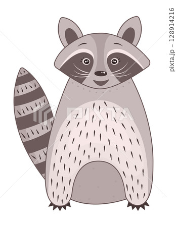Happy cute raccoon stands and smiles, vector color illustration 128914216