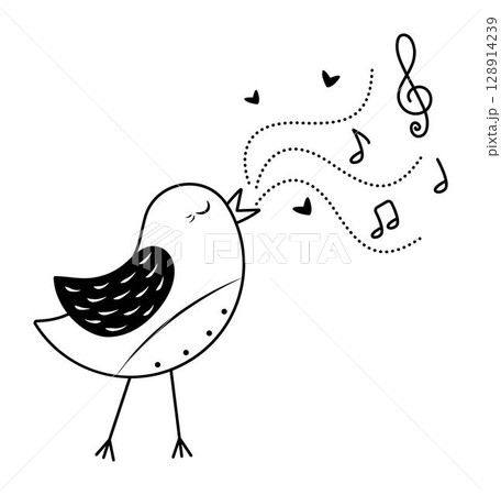 Black and white singing nightingale with notes, vector monochrome illustration for music lovers 128914239