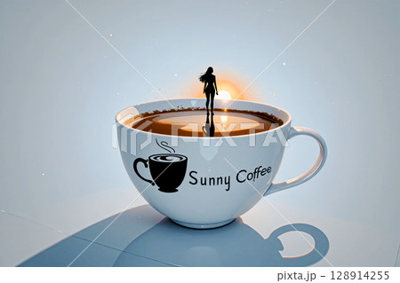 Cafe cup with creative design. In a white cup of coffee on an island of foam there is a silhouette of a girl looking over the edge of the cup into the sun. 128914255