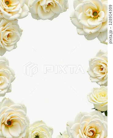 Soft petals of fragrant white roses gracefully form a delicate frame, creating a romantic ambiance ideal for celebrations or artistic projects set against a clean background Generative AI 128914309