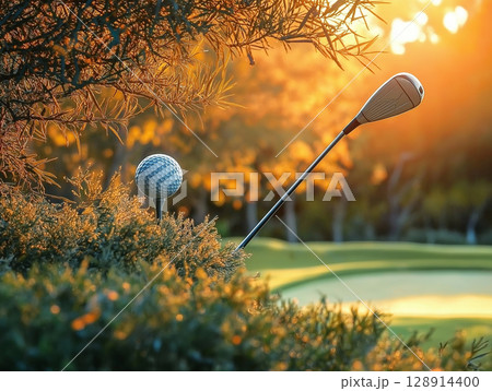 Golf ball on tee with club at sunset on a well-maintained course in autumn surroundings Golf ball on tee with club at sunset on a well-maintained course in autumn surroundings 128914400