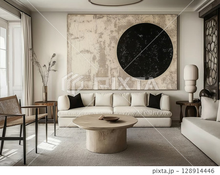 Modern minimal neutral abstract wall art enhances a serene living space with elegance and style 128914446