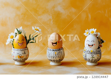 Four decorated eggs in cheerful cups with flowers on a vibrant background for Easter celebration 128914447