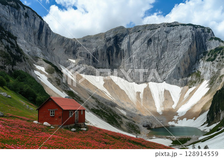 Mountain landscape in Albania with hut, flower fields, and a serene lake Mountain landscape in Albania with hut, flower fields, and a serene lake 128914559
