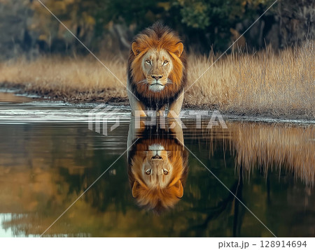 Majestic lion drinks from crystal-clear water in the savannah landscape 128914694