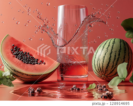 Fresh fruits explode with color and splash in vibrant red background 128914695