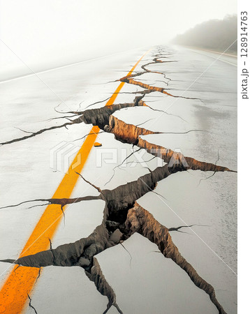 Cracks and fractures disrupt the highway after a devastating earthquake in low visibility conditions 128914763