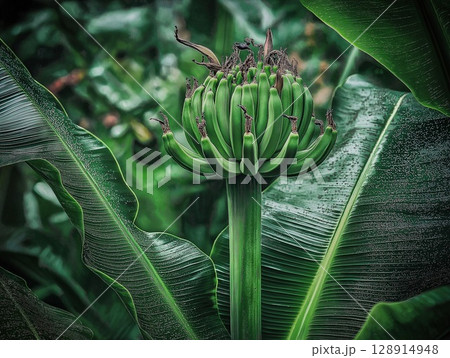 Green banana bunch growing in a lush tropical garden during daylight hours Green banana bunch growing in a lush tropical garden during daylight hours 128914948