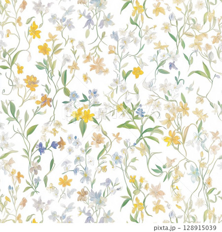 Delicate pastel floral design with hand-drawn wildflowers and butterflies on off-white 128915039