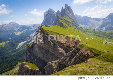 Scenic Seceda ridgeline in Dolomites Italy offers stunning views for hikers 128915077