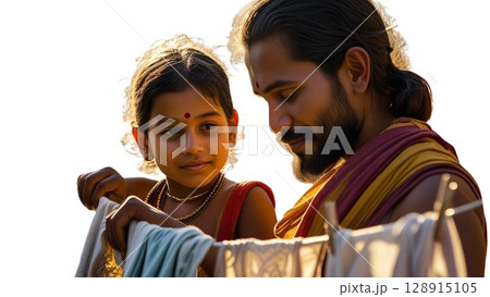 洗濯物を干す親子 洗濯物を干す親子 128915105