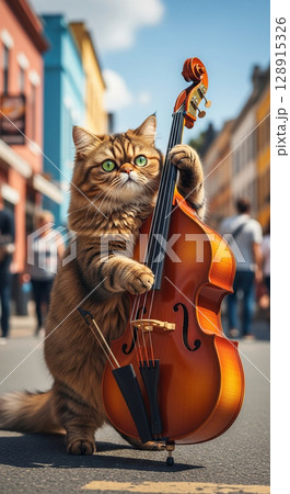 街中でコントラバスを演奏する猫のユーモラスで印象的なワンシーン 街中でコントラバスを演奏する猫のユーモラスで印象的なワンシーン 128915326