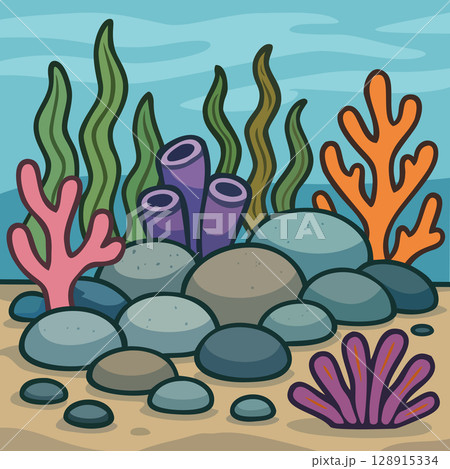 Seabed with rounded sea stones surrounded with seaweed and corals. Vibrant vector illustration 128915334