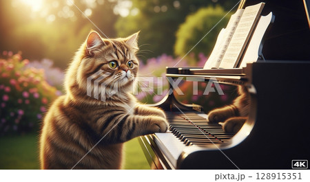 ピアノを演奏する表情豊かな猫のユニークな瞬間 128915351