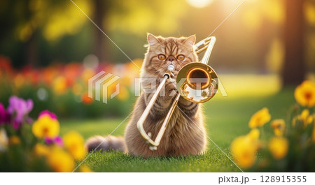 花に囲まれた猫がトロンボーンを吹くユニークなイラスト 花に囲まれた猫がトロンボーンを吹くユニークなイラスト 128915355