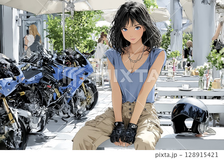 ライダーズカフェ　バイクを見ながら休憩する女性ライダーのイラスト素材 128915421