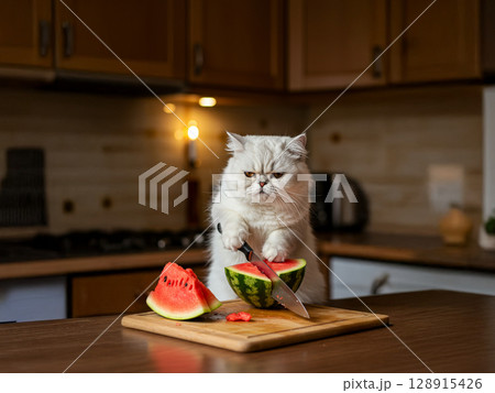 キッチンでスイカを切る白猫のユニークなAIイラスト キッチンでスイカを切る白猫のユニークなAIイラスト 128915426