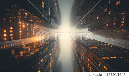 超高層ビル間都市飛行機飛翔光景 超高層ビル間都市飛行機飛翔光景 128915443