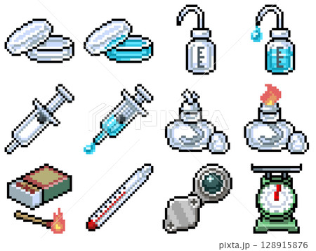 理科実験器具のドット絵ピクトグラム素材 Vol.2（シャーレ・アルコールランプー等12点） 128915876