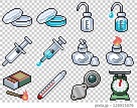 理科実験器具のドット絵ピクトグラム素材 Vol.2（シャーレ・アルコールランプー等12点） 128915876