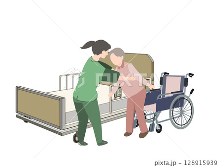 介護士が老人を車椅子に移乗している所の絵 介護士が老人を車椅子に移乗している所の絵 128915939