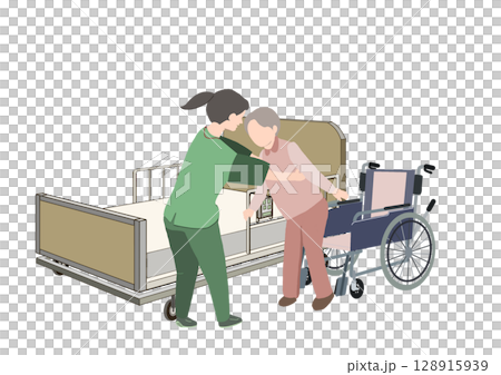 介護士が老人を車椅子に移乗している所の絵 介護士が老人を車椅子に移乗している所の絵 128915939