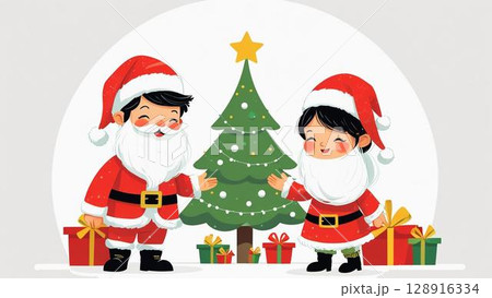 クリスマスツリーとプレゼントボックスの前でクリスマスを楽しんでいる男女 128916334