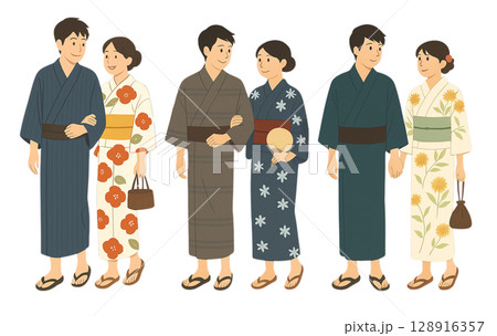 夏の浴衣カップル3組セット・祭りやイベントに使える和風イラスト素材 128916357