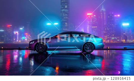 都市の夜景を背景にした高級車 128916415