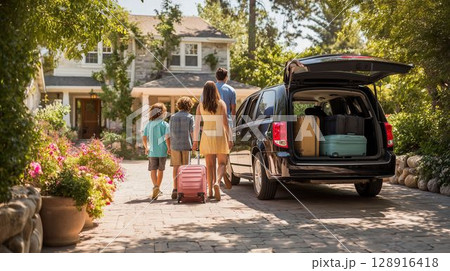 家族旅行に出発するミニバン 128916418