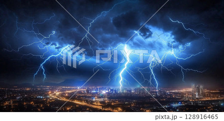 夜の都市に雷が落ちる壮大な自然現象の風景 128916465