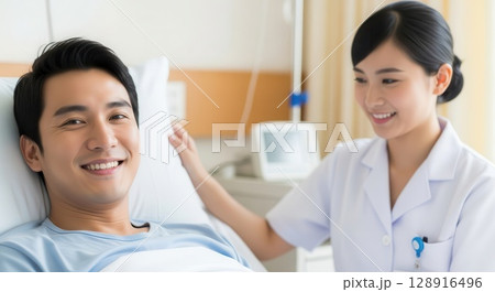 Asian Doctor Consulting with Asian Patient in Hospital Bed -AI-generated 128916496